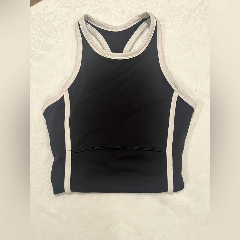 Sporty Black & White High-Neck Cropped Tank Top with Built-in Shelf Bra - Picture 1 of 6